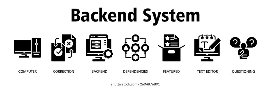 Sistema de back-end banner ícone web vetor ilustração conceito com ícone de computador, Correção, Back-end, Dependências, Em destaque, Editor de texto, Questionamento
