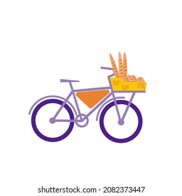 Backer bicycle with basket full of pastry, bread, buns, baguettes. Bakers bike. Flat vector illustration