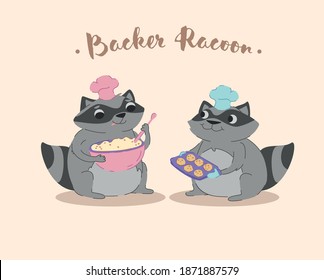 Backer Raccoon makes cookies, cooks, bakes. Vector illustration, character, cartoon.