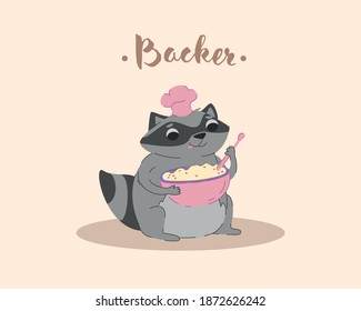 Backer Raccoon makes cookies, cooks, bakes. Vector illustration, character, cartoon.