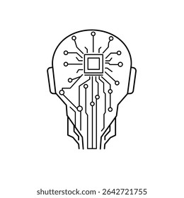 Back-facing outline of head with embedded AI chip and dense digital circuits, symbolizing strong machine learning system.