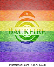 Backfire emblem on mosaic background with the colors of the LGBT flag