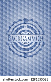 Backgammon blue emblem or badge with geometric pattern background.