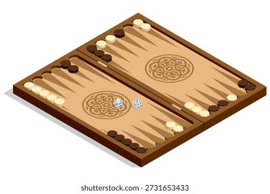 Backgammon board. Isometric backgammon board with chip and dice. Traditional tabletop game concept for strategy, logic and leisure illustration in classic wooden style.