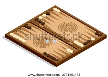 Backgammon board. Isometric backgammon board with chip and dice. Traditional tabletop game concept for strategy, logic and leisure illustration in classic wooden style.