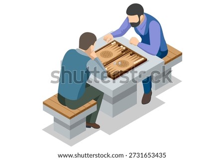 Backgammon board. Isometric backgammon board with chip and dice. Traditional tabletop game concept for strategy, logic and leisure illustration in classic wooden style.
