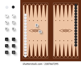Backgammon braunes Board zu spielen traditionelle Spiel Vektorgrafik. 3D-Würfel, schwarz-weiß, mit Schatten von einem bis sechs Punkten, Holzkiste oder Tisch mit Muster für das Abspielen von Hintergrund