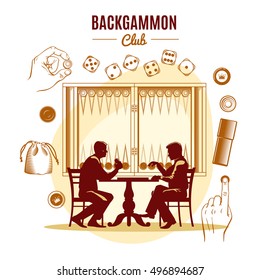 Backgammon club vintage style design with dice chips silhouettes of men on game board background vector illustration svg