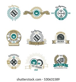 Backgammon clubs retro style emblems with letterings laurel wreaths and rays chips and dice isolated vector illustration