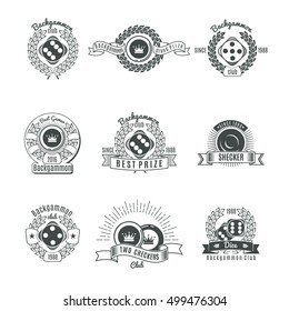 Backgammon clubs vintage style emblems with chips and dice laurel wreaths ribbons and rays isolated vector illustration