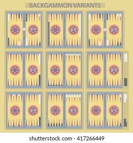 Backgammon on the wooden box, board with two dice and chips. Backgammon variants. Vector illustration