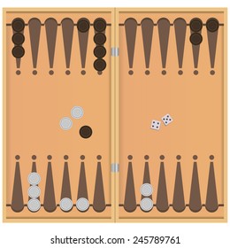 Backgammon on the wooden box, two dice and chips for the game. Vector illustration. svg