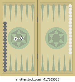 Backgammon on the wooden box, two dice and chips. Vector illustration