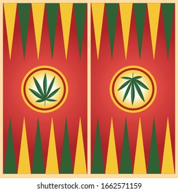 El chaquete juega en un abstracto color rojo-amarillo-verde con un ícono de marihuana.