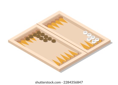 backgammon playing surface and pieces, isolated board game for fun and recreation. Isolated tabletop field with dice, entertainment and recreation, pastime and leisure hobby. Vector in flat style svg
