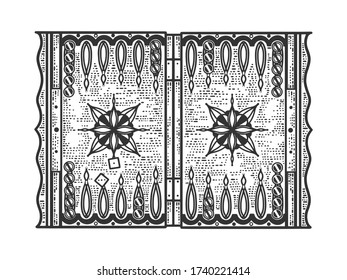 backgammon tables game sketch engraving vector illustration. T-shirt apparel print design. Scratch board imitation. Black and white hand drawn image.