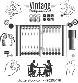 Backgammon vintage style elements set with chips and dice in male hands game board isolated vector illustration