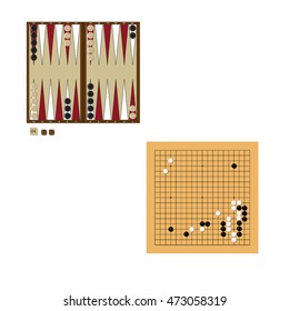 Backgammon wooden board, two dices and doubling cube, and chips for game. Vector illustration traditional chinese, japanese strategy board game. Go game.