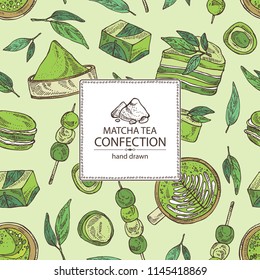 Backgraund with matcha green tea confection: macaroons, sweets, biscuits. Vector hand drawn illustration