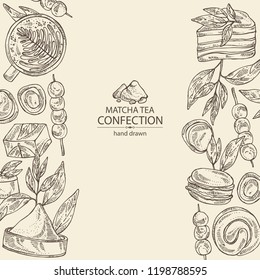 Backgraund with matcha green tea confection: macaroons, sweets, biscuits. Vector hand drawn illustration