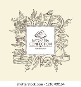 Backgraund with matcha green tea confection: macaroons, sweets, biscuits. Vector hand drawn illustration