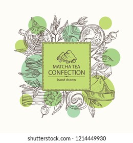 Backgraund with matcha green tea confection: macaroons, sweets, biscuits. Vector hand drawn illustration