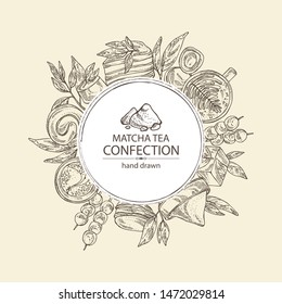 Backgraund with matcha green tea confection: macaroons, sweets, biscuits. Vector hand drawn illustration.