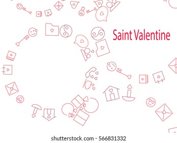 Backgraund Valentine's Day. Cake, hearts, couple, candle, envelope, house, circle. Color vector illustration