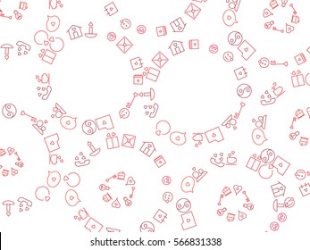 Backgraund Valentine's Day. Cake, hearts, couple, candle, envelope, house, circle. Color vector illustration