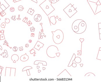 Backgraund Valentine's Day. Cake, hearts, couple, candle, envelope, house, circle. Color vector illustration
