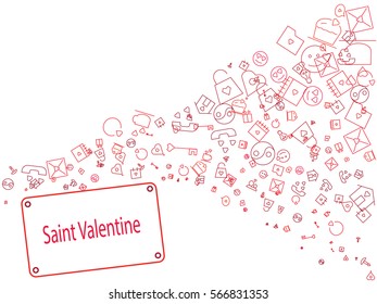 Backgraund Valentine's Day. Cake, hearts, couple, candle, envelope, house, circle. Color vector illustration