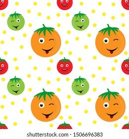 
backgrond pattern with tomato character smile design illustration motif. with colorful textures. seamleas pattern vector.