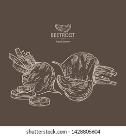 Backgroumd with beet: full beetroot and piece of beet. Vector hand drawn illustration 
