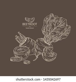 Backgroumd with beet: full beetroot and piece of beet. Vector hand drawn illustration 