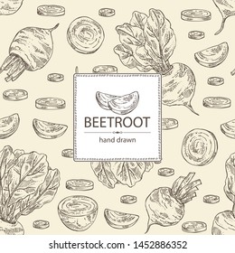 Backgroumd with beet: full beetroot and piece of beet. Vector hand drawn illustration 