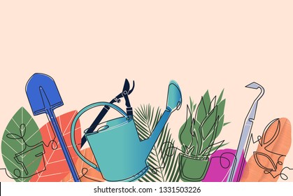 Backgroun with Garden Tools and Plants. Horizontal pattern. Vector illustration.