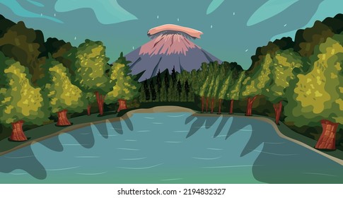 Background of a 2D game, a beautiful natural lake in the middle of the forest and high mountains