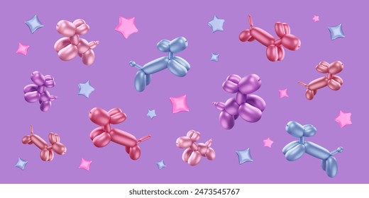 Background with 3d balloon animals and glossy stars. Twisted bubble dogs render. Horizontal pattern on purple color. Party wallpaper with funny pets. Vector illustration for entertainment events.