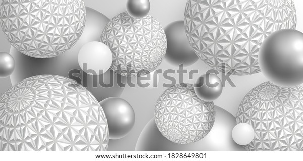 Background with 3D balls. Realistic carved and silver balls on gray backdrop. Vector illustration textured spheres. Festive background with bubbles. Holiday banner. Design banner, cover, wallpaper.