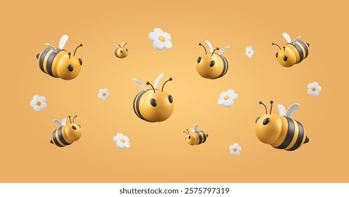 Background with 3d bee and white flowers buds. Insects flying on yellow backdrop. Minimalist beekeeping banner. Summer vector illustration with striped character in plastic style.