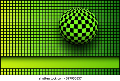 Fondo 3d negro y verde, esfera de cuadros sobre mosaico cuadrado, ilustración vectorial