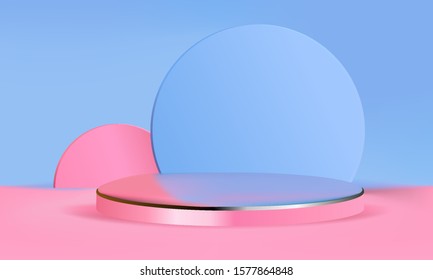 background 3d blue rendering with podium and pink pastel wall, minimal abstract background 3d rendering,  geometric shape pink and blue objects, stage for cosmetic product on website in modern.