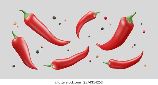 Background with 3d chili pepper and seeds. Red hot cayenne vegetable. Ripe and fresh ingredient with spice flying on grey backdrop. Vector illustration. Cuisine banner.