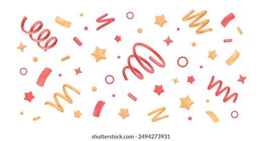 Background with 3d confetti. Fireworks of serpentine, tinsel, stars and dots. Holiday horizontal wallpaper. Event decoration. Cartoon firecracker elements. Vector isolated illustration.