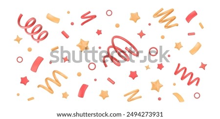 Background with 3d confetti. Fireworks of serpentine, tinsel, stars and dots. Holiday horizontal wallpaper. Event decoration. Cartoon firecracker elements. Vector isolated illustration.