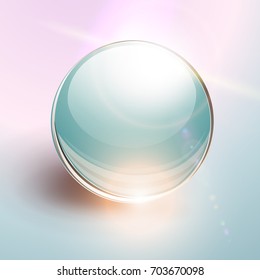 Background with 3D glass sphere, ball transparent with lens flares, vector.