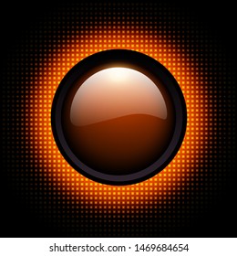 Background 3d with glowing orange neon circle and shiny button over halftone pattern, vector illustration.