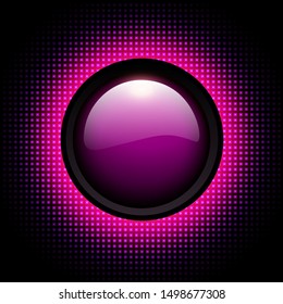Fondo 3d con círculo de neón rosa brillante y botón brillante sobre patrón de medio tono, ilustración vectorial.