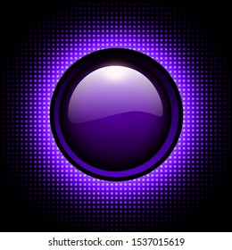 Fondo 3d con círculo de neón morado brillante y botón brillante sobre patrón de medio tono, ilustración vectorial.