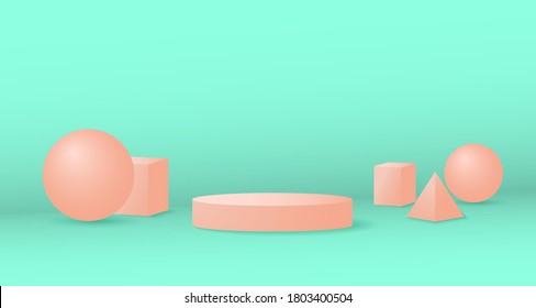 Background 3d green rendering with podium and minimal orange pastel color wall scene, minimal abstract geometric shape orange pastel color. Vector illustration